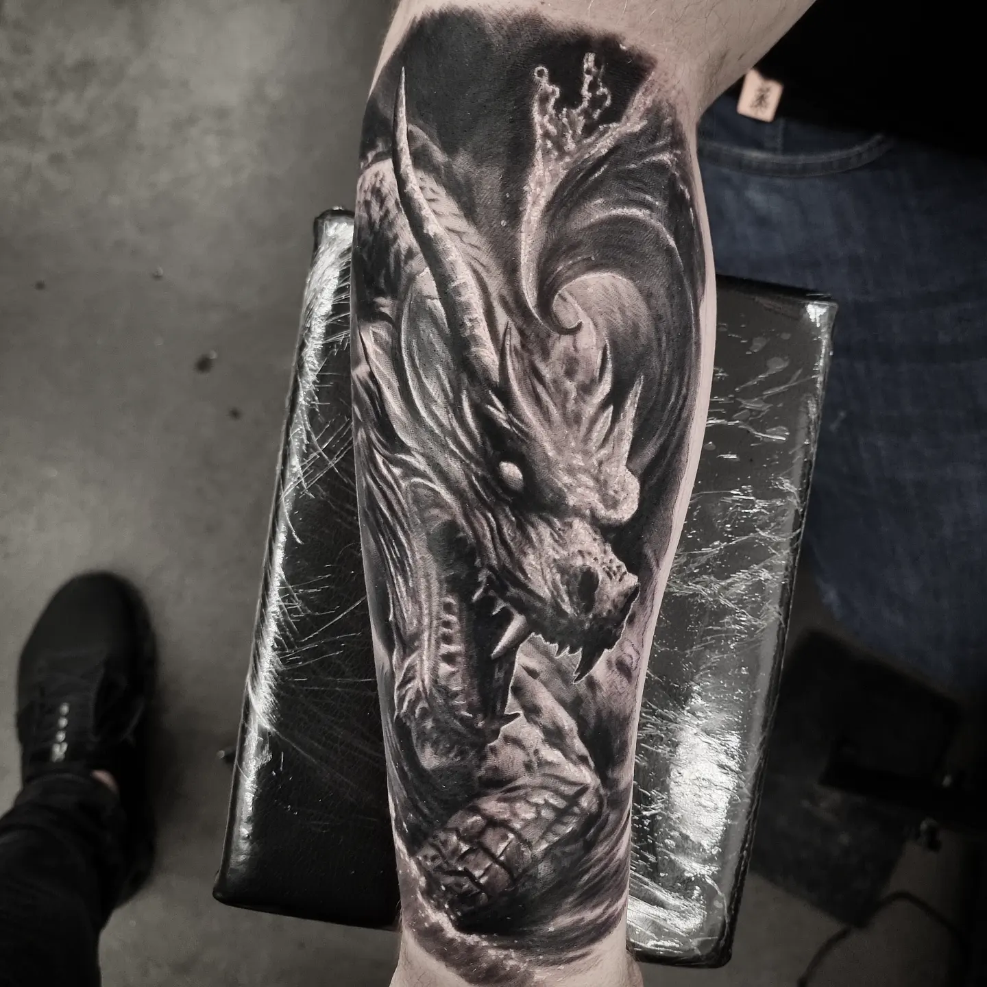 Black and grey horror realism tattoo by Tomek Turlej at Studio XIII Gallery Edinburgh