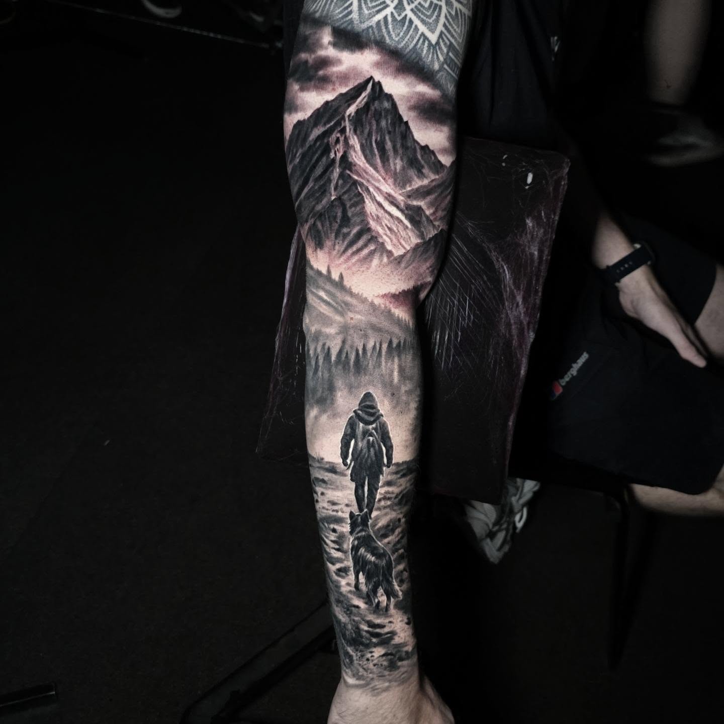 Black and grey realism nature and landscape tattoo by Tomek Turlej, Edinburgh