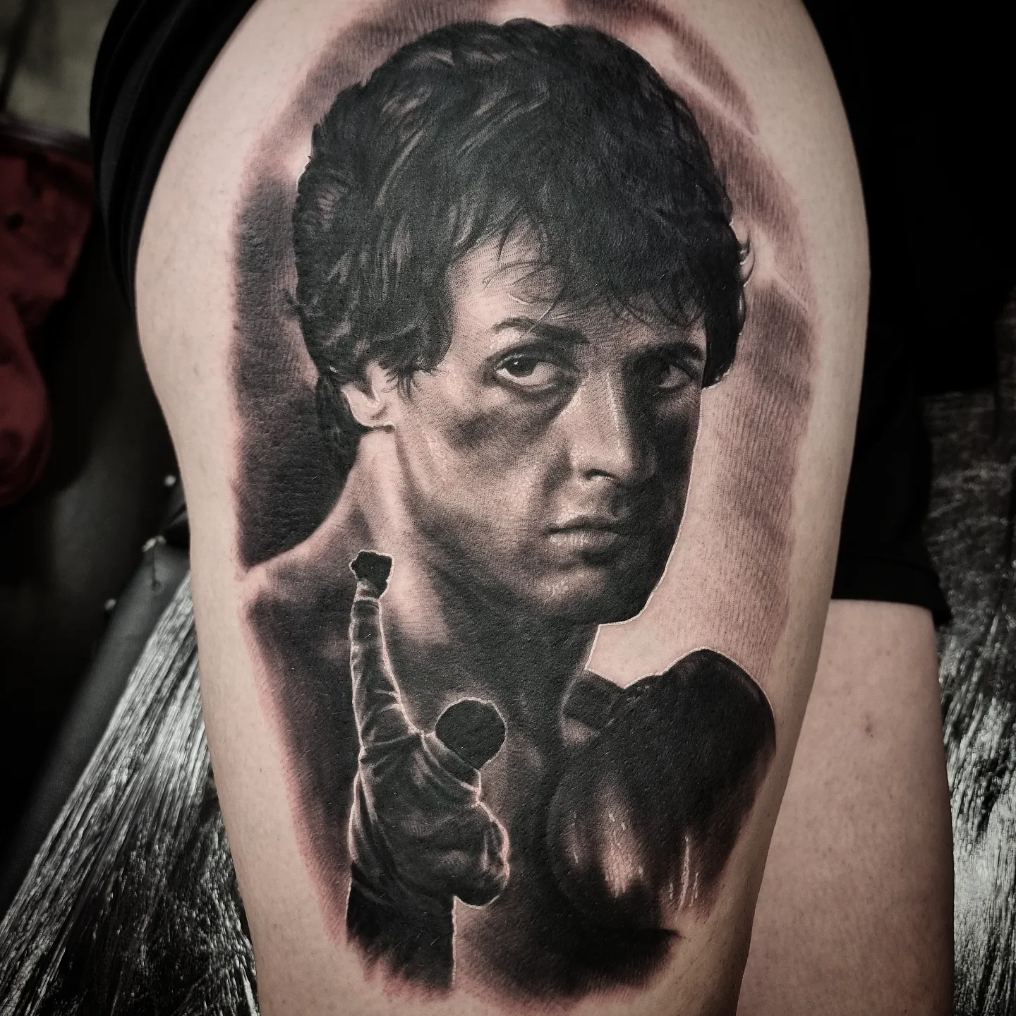 Realistic black and grey portrait tattoo healed, by Tomek Turlej at Studio XIII Gallery Edinburgh