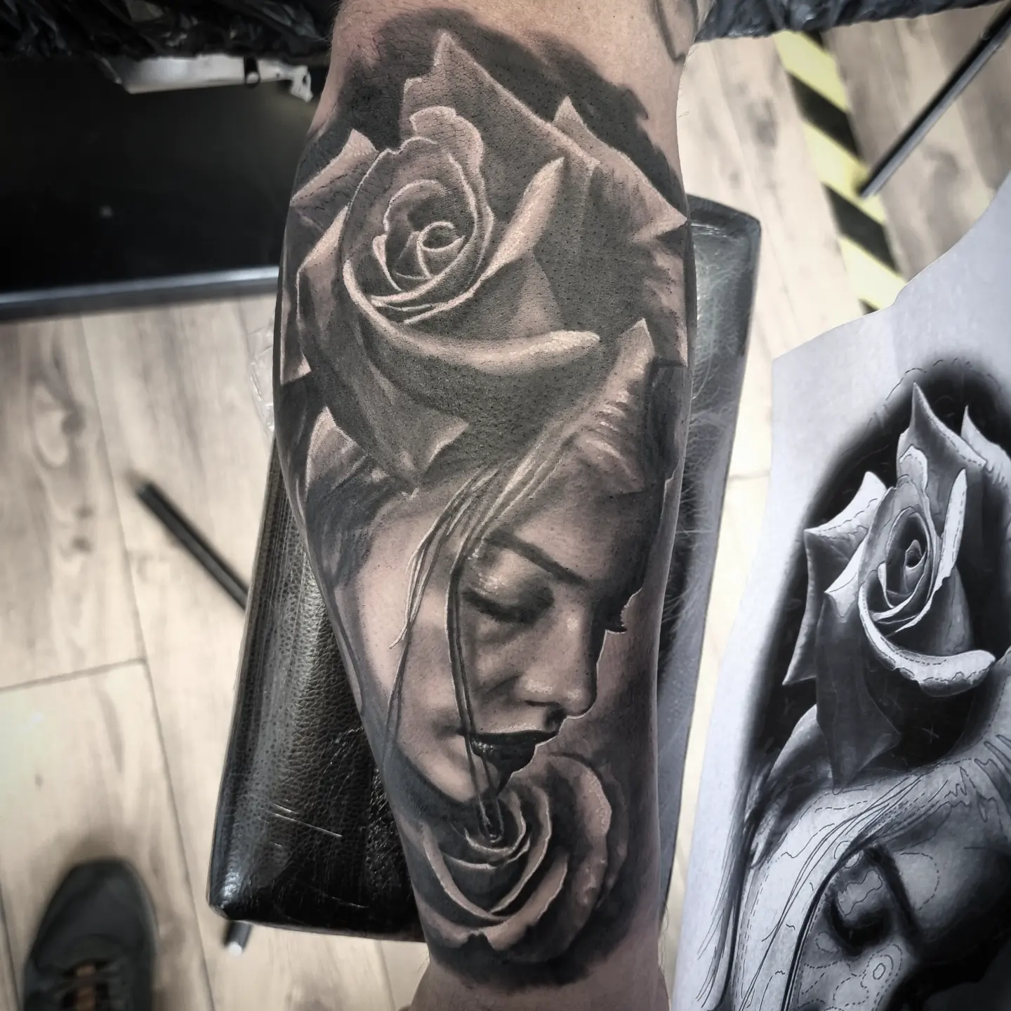 Fine detail black and grey portrait tattoo, custom work by Edinburgh tattoo artist Tomek Turlej