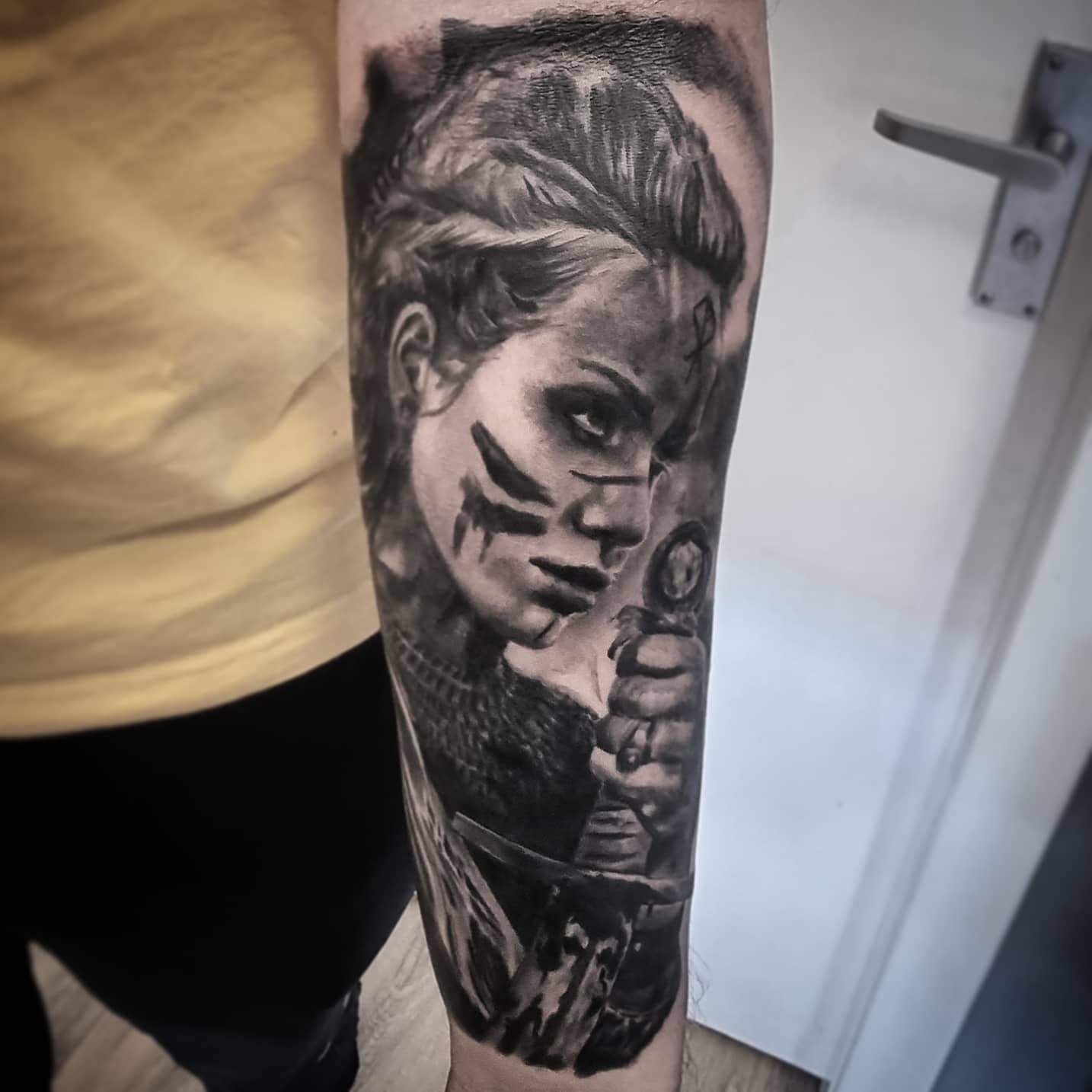 Fine detail black and grey portrait tattoo, custom work by Edinburgh tattoo artist Tomek Turlej