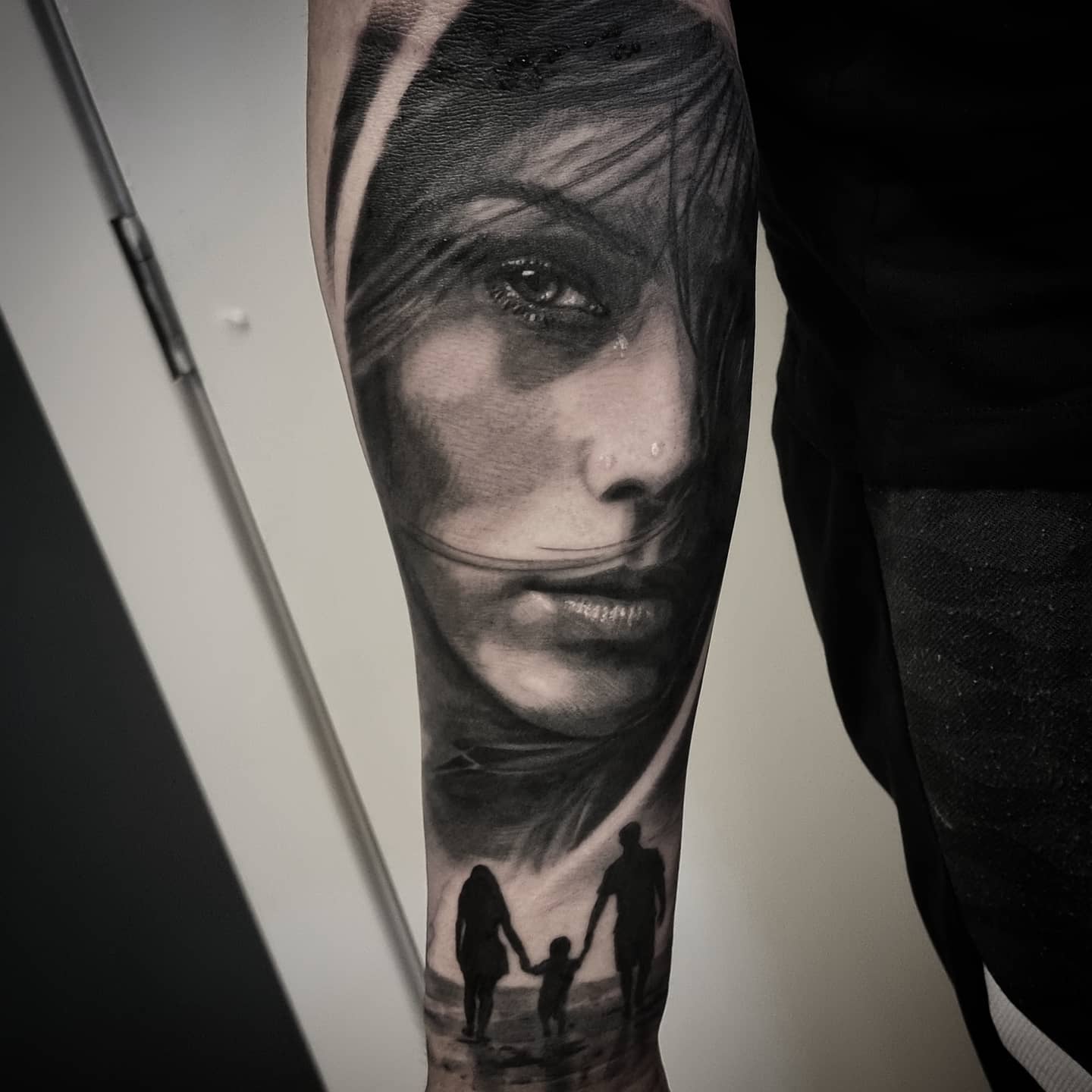 Fine detail black and grey portrait tattoo, custom work by Edinburgh tattoo artist Tomek Turlej