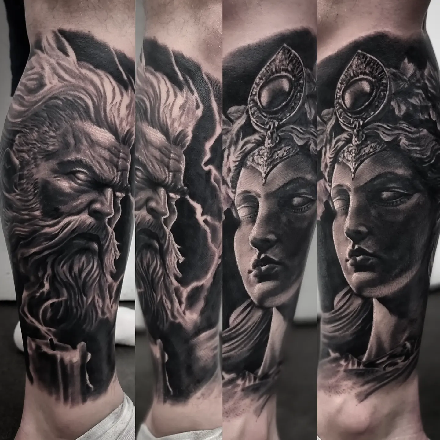 Custom black and grey realism sleeve by Edinburgh tattoo artist Tomek Turlej